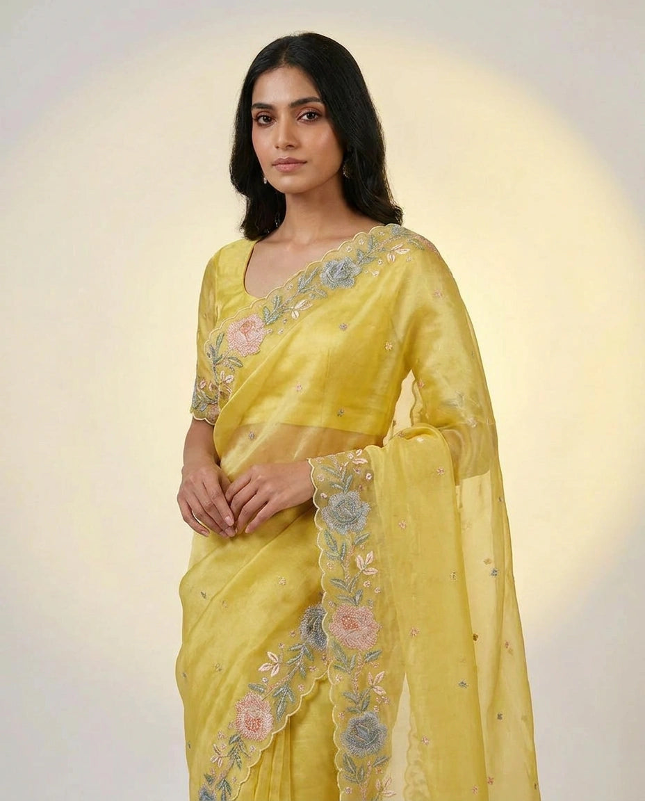 Organza Saree with Mirror and Cutdana Detailing for Women - Rangoli India
