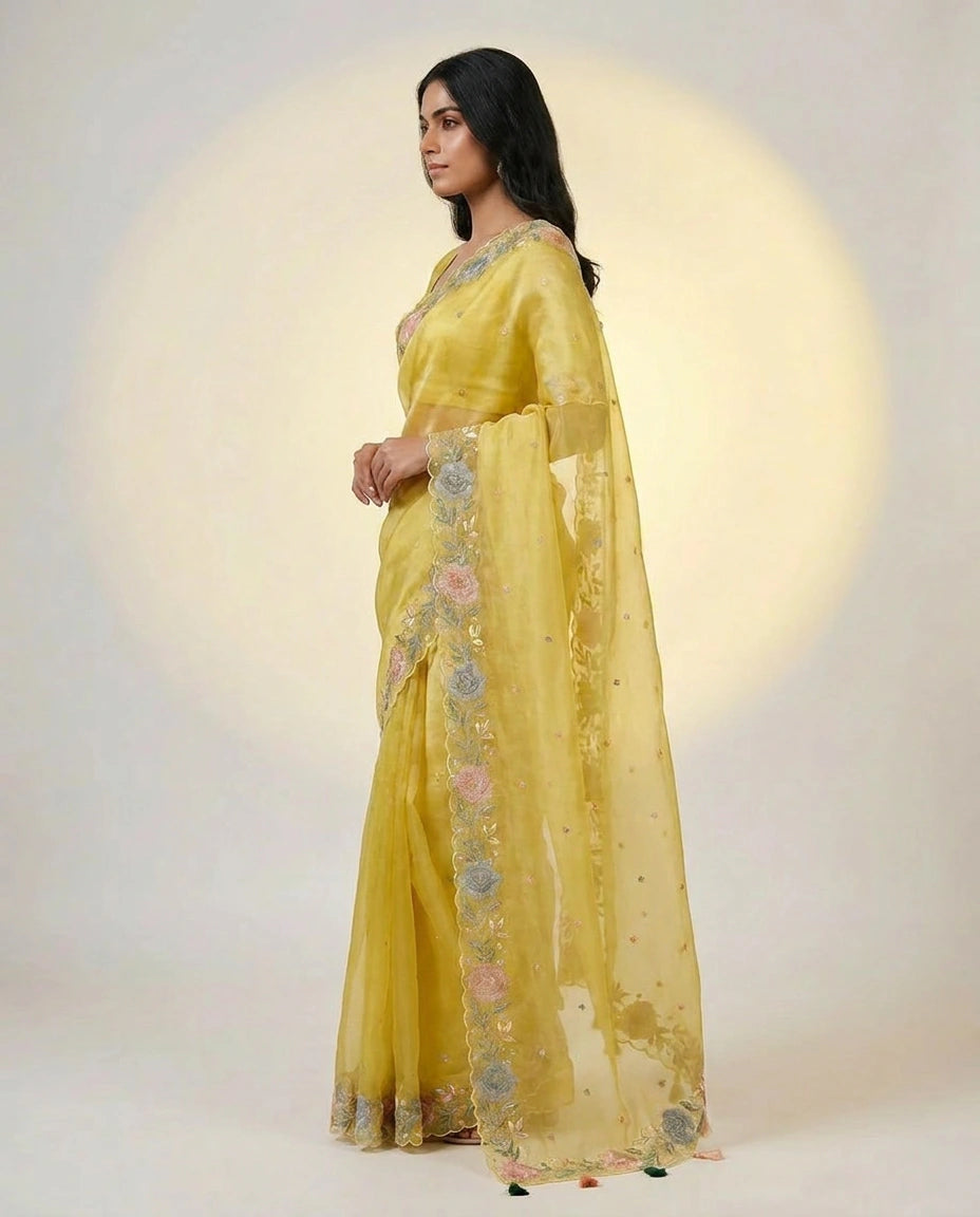 Organza Saree with Mirror and Cutdana Detailing for Women - Rangoli India
