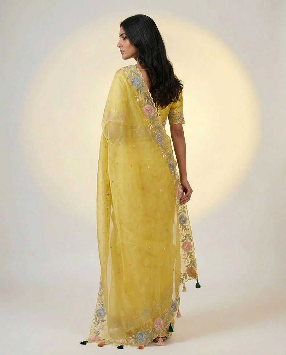 Organza Saree with Mirror and Cutdana Detailing for Women - Rangoli India