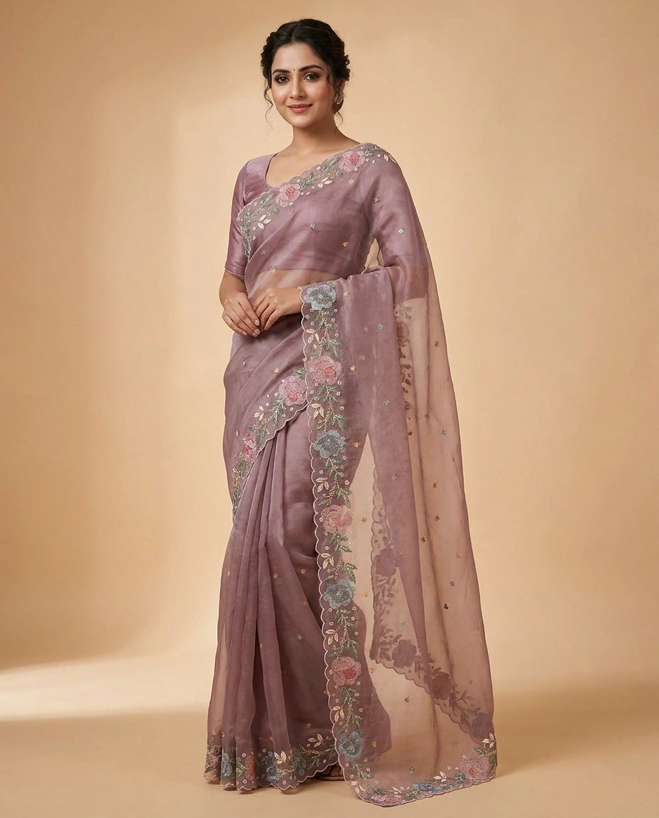 Organza Saree with Mirror and Cutdana Detailing for Women - Rangoli India