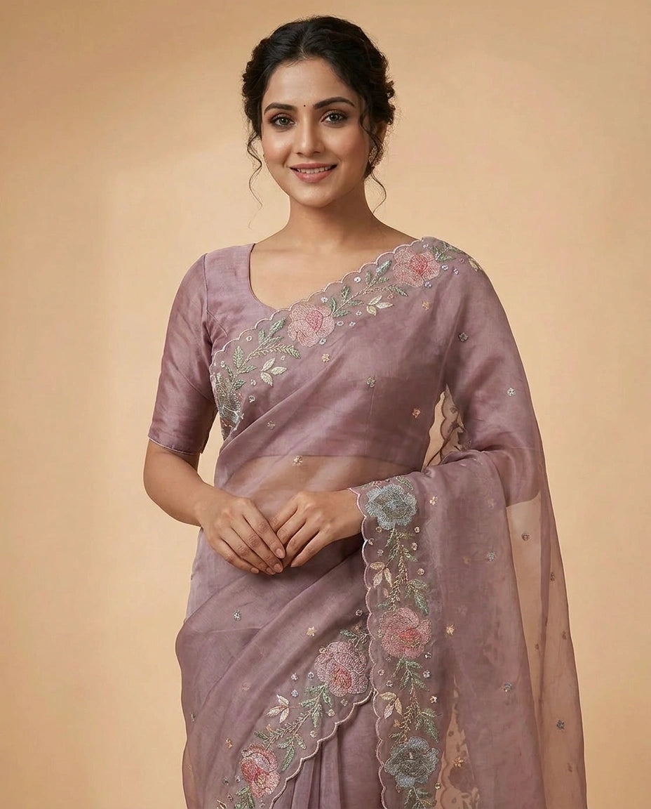Organza Saree with Mirror and Cutdana Detailing for Women - Rangoli India