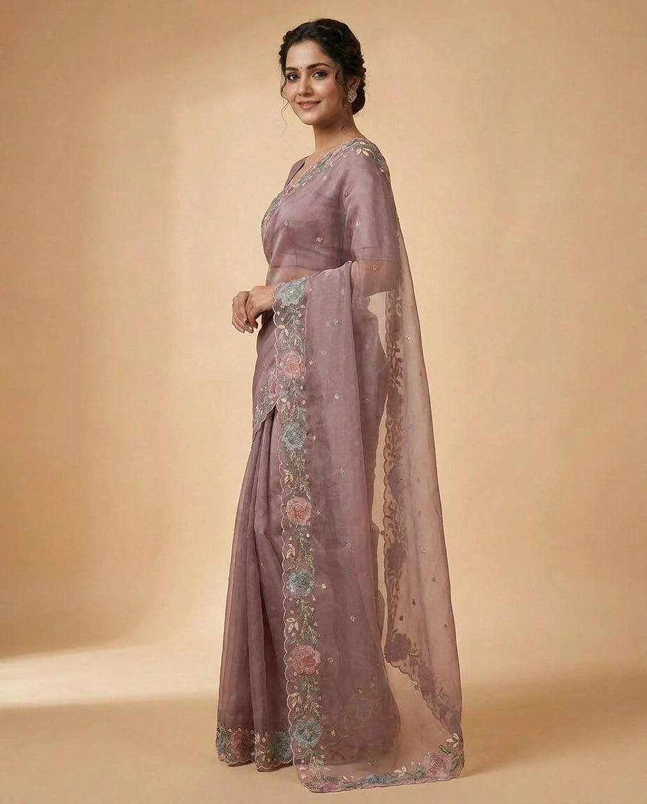Organza Saree with Mirror and Cutdana Detailing for Women - Rangoli India