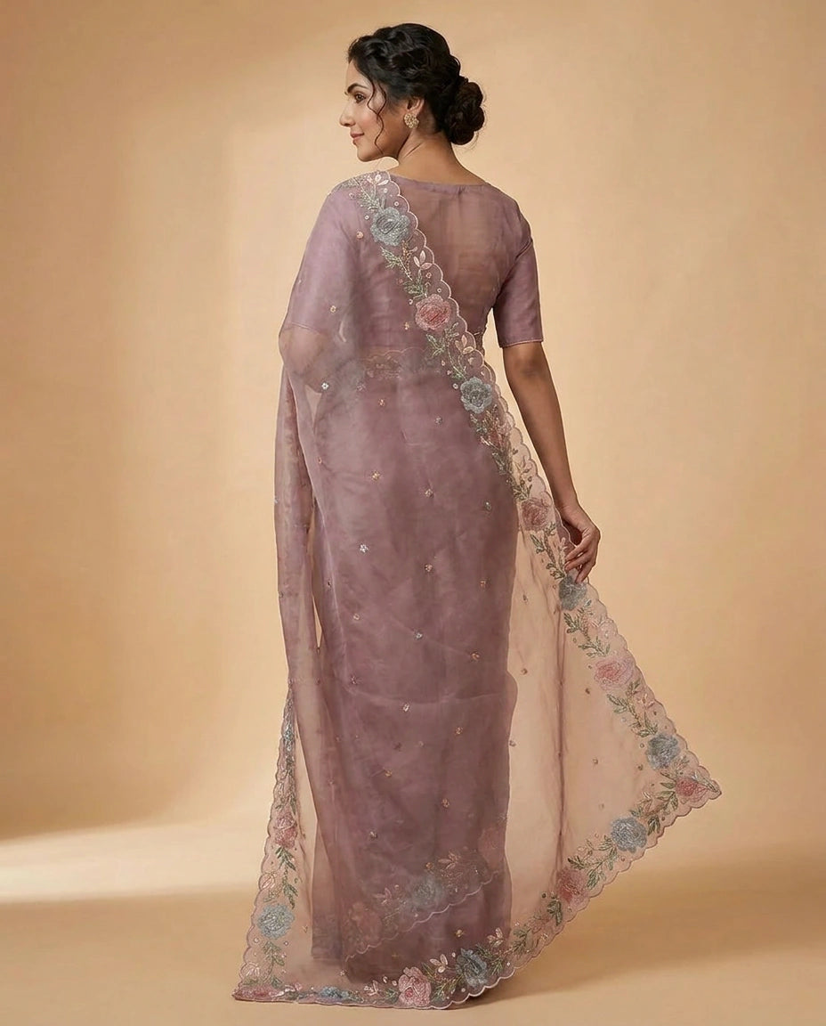 Organza Saree with Mirror and Cutdana Detailing for Women - Rangoli India