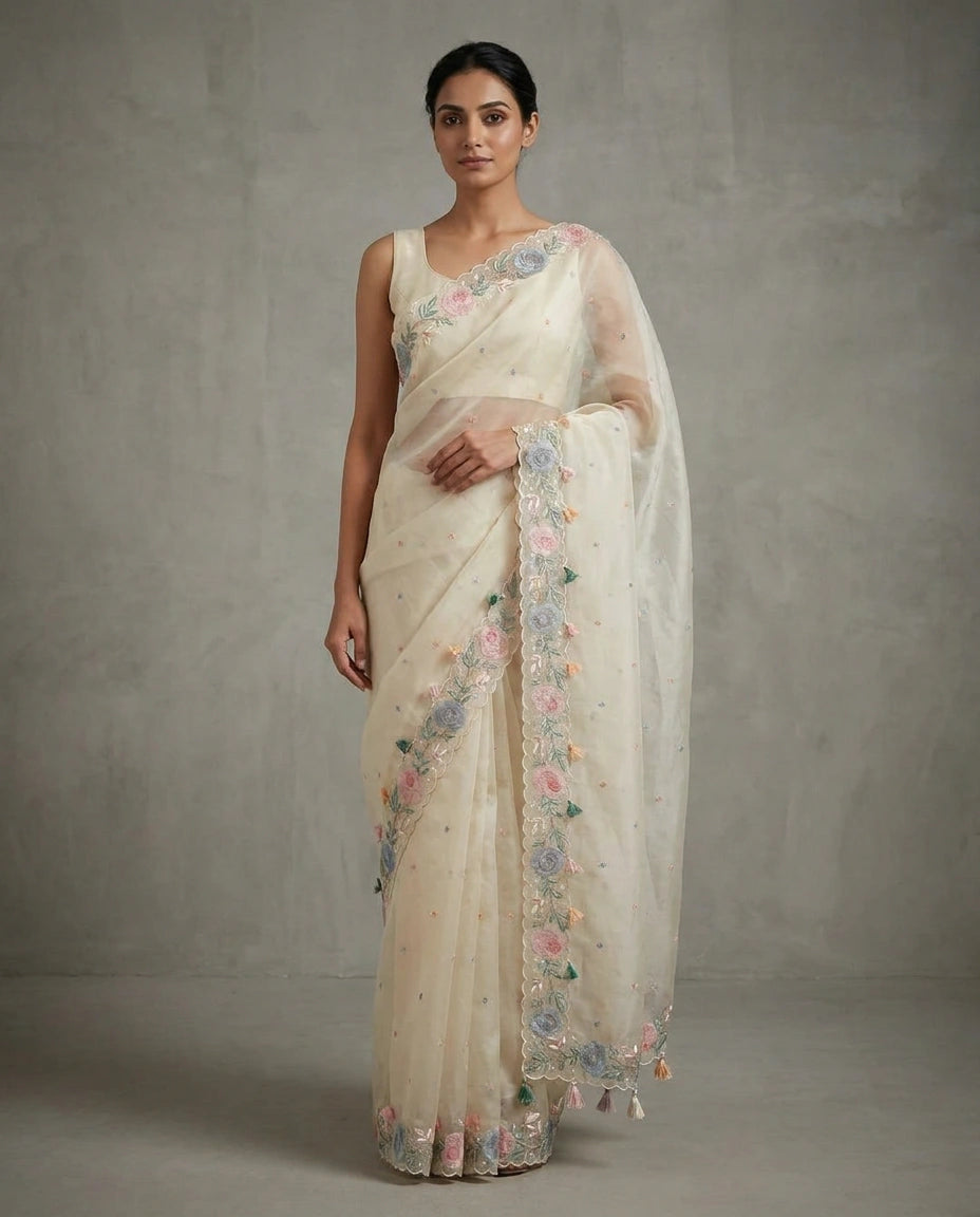 Organza Saree with Mirror and Cutdana Detailing for Women - Rangoli India