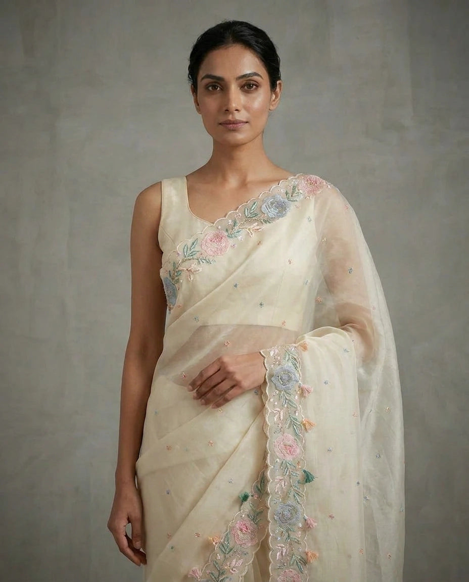 Organza Saree with Mirror and Cutdana Detailing for Women - Rangoli India