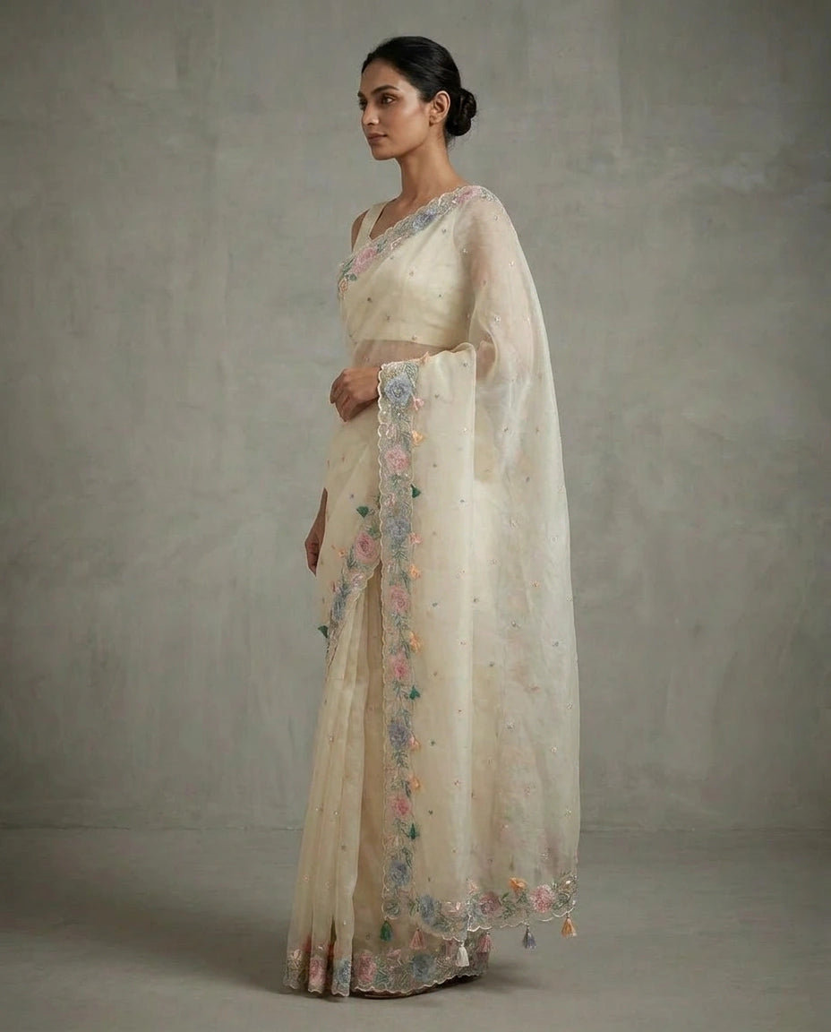 Organza Saree with Mirror and Cutdana Detailing for Women - Rangoli India
