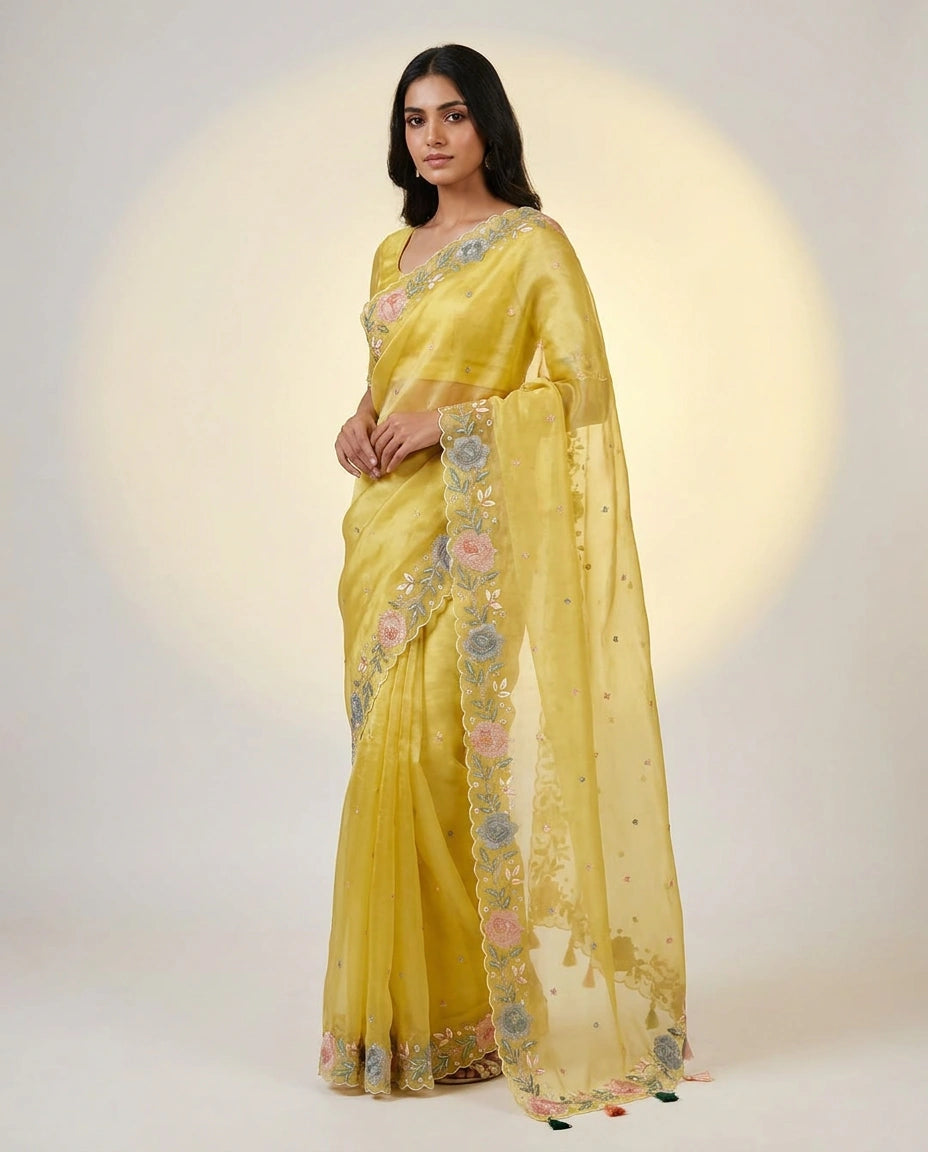 Organza Saree with Mirror and Cutdana Detailing for Women - Rangoli India