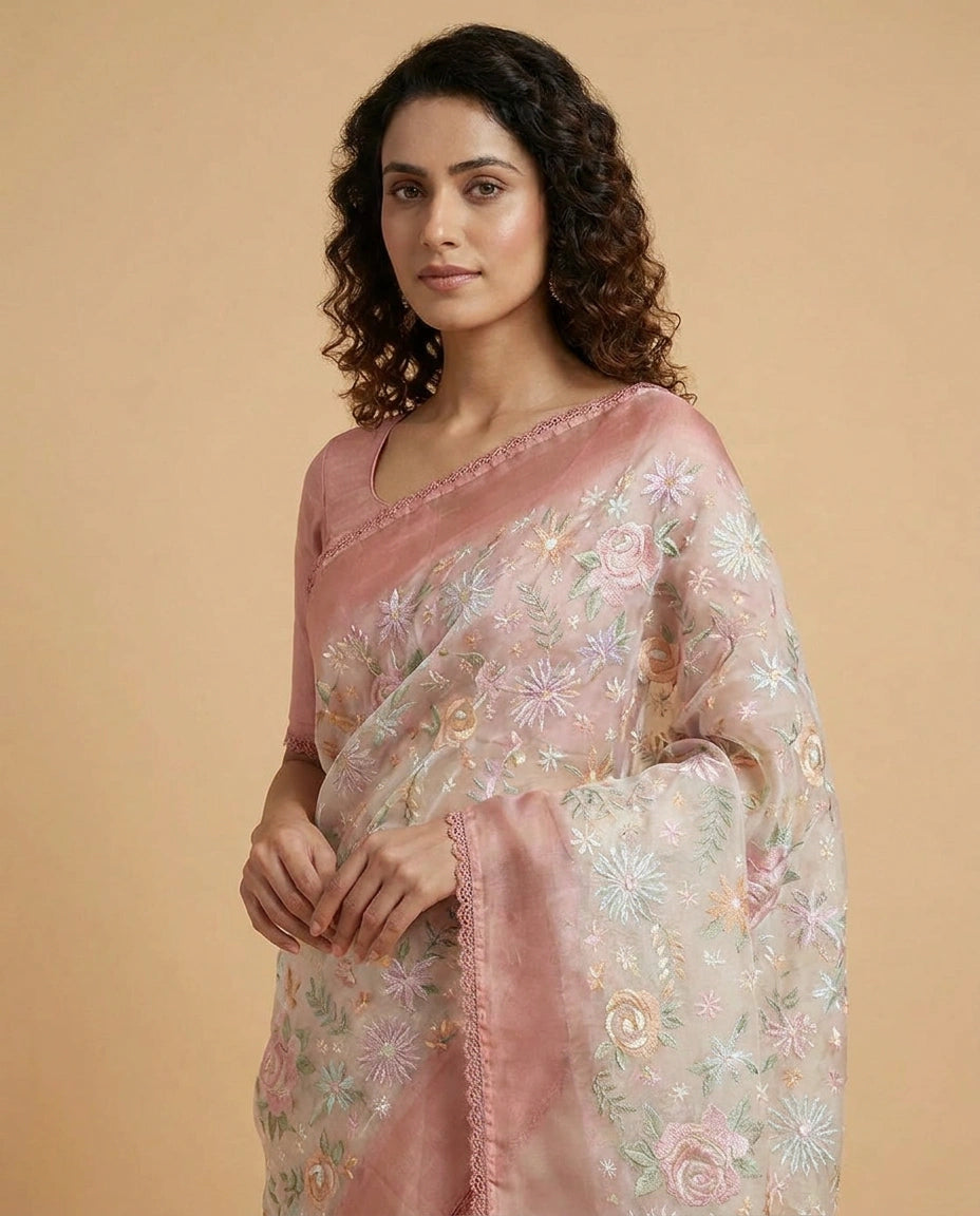 Organza Saree with Zari Woven Floral Motifs Online India - Rangoli India
