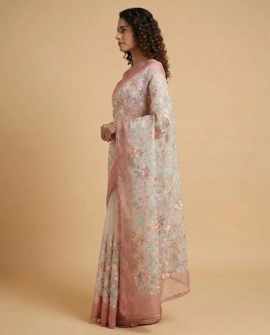 Organza Saree with Zari Woven Floral Motifs Online India - Rangoli India