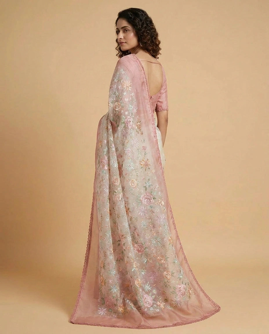 Organza Saree with Zari Woven Floral Motifs Online India - Rangoli India