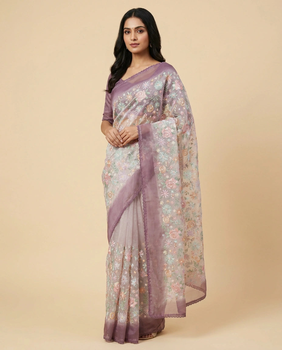Organza Saree with Zari Woven Floral Motifs Online India - Rangoli India