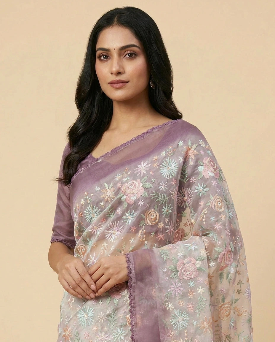 Organza Saree with Zari Woven Floral Motifs Online India - Rangoli India