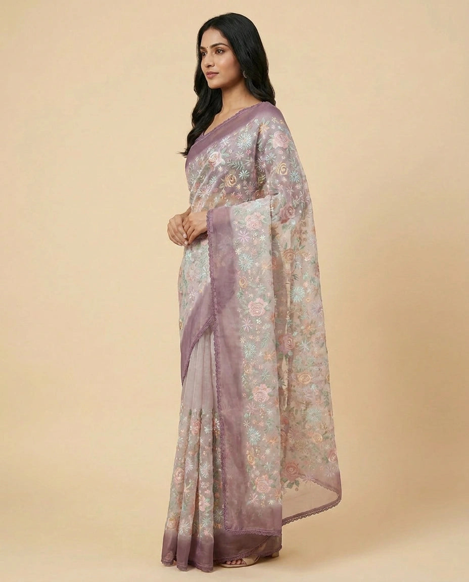 Organza Saree with Zari Woven Floral Motifs Online India - Rangoli India