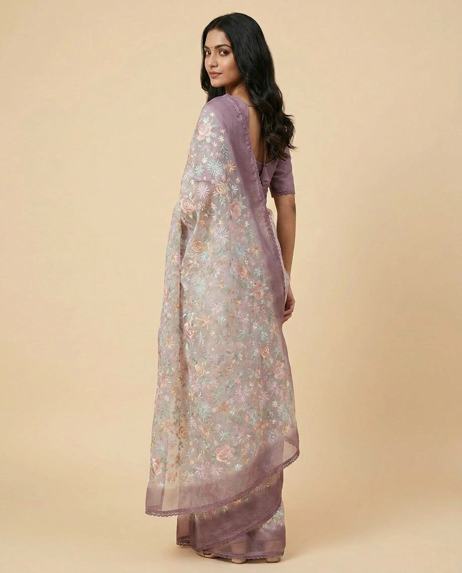 Organza Saree with Zari Woven Floral Motifs Online India - Rangoli India