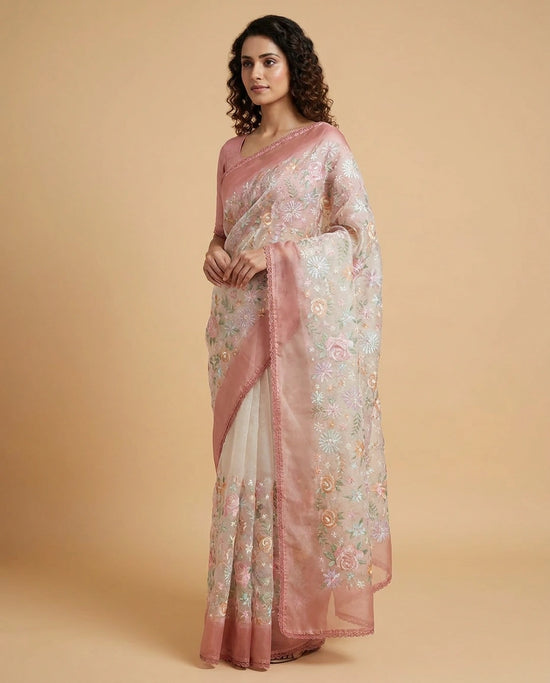 Organza Saree with Zari Woven Floral Motifs Online India - Rangoli India
