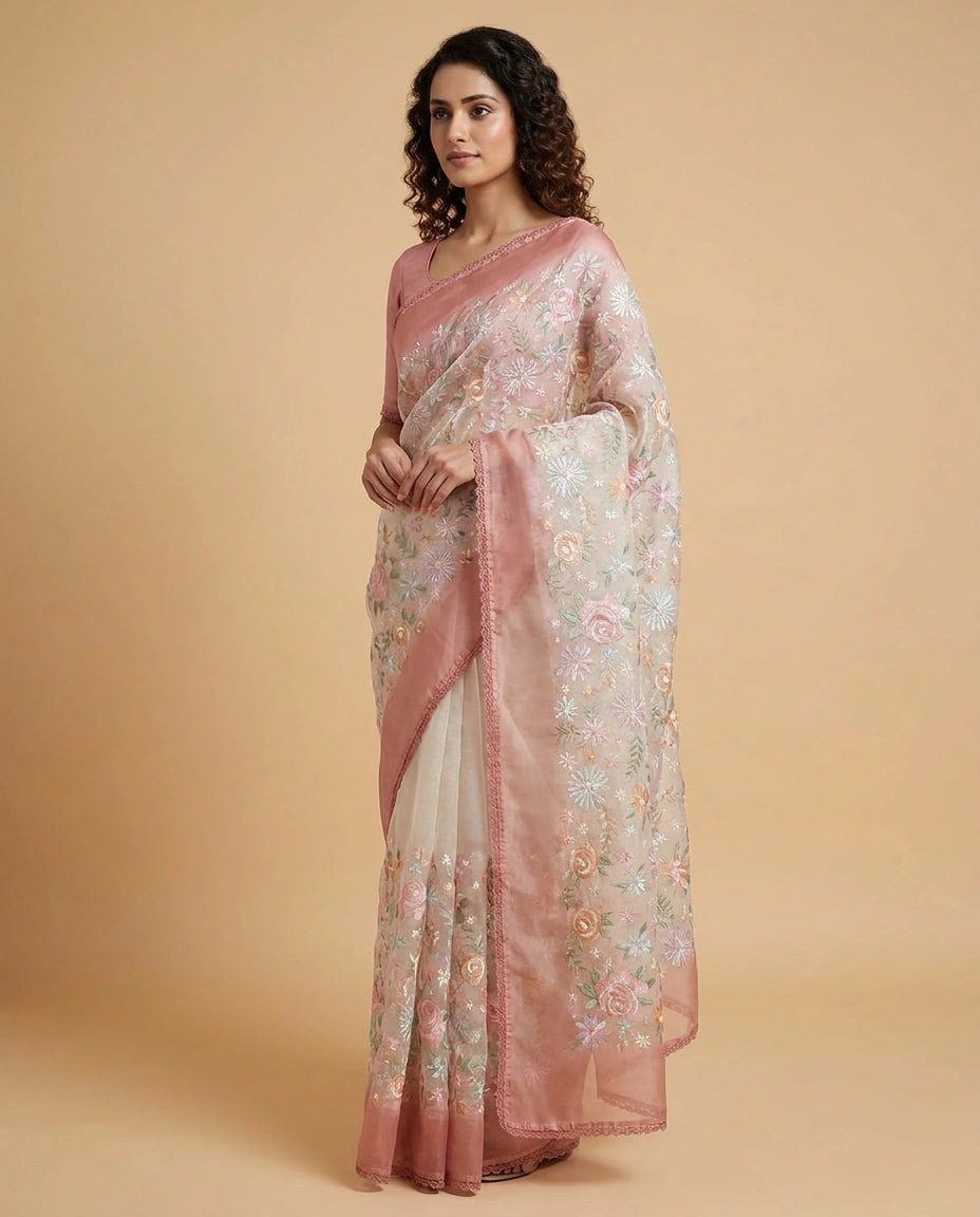 Organza Saree with Zari Woven Floral Motifs Online India - Rangoli India