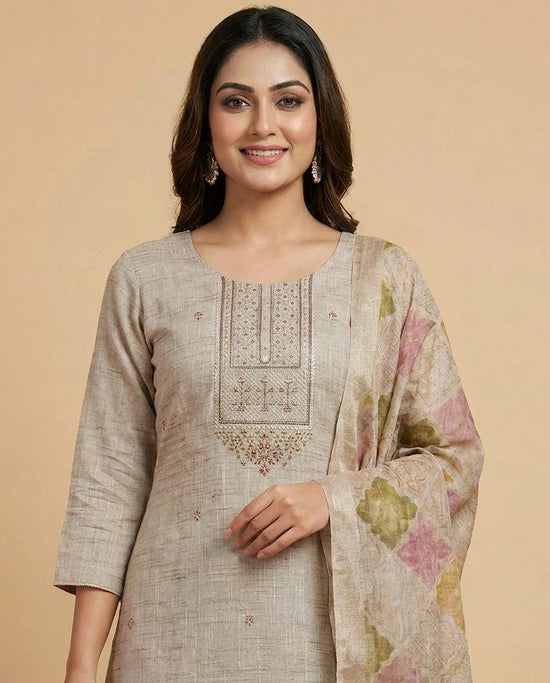 Beige Cotton Linen Straight Suit with Thread Embroidery - Rangoli India