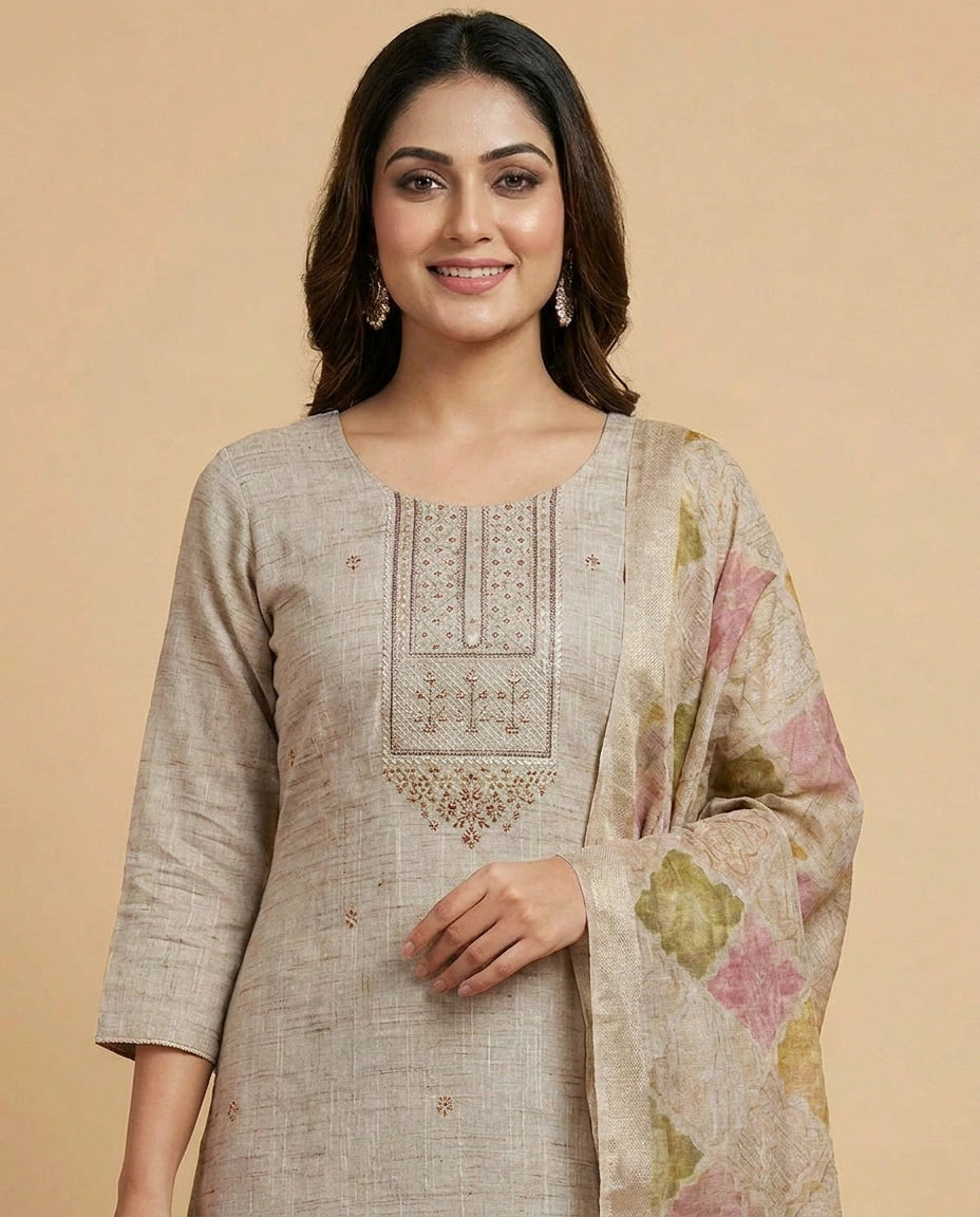 Beige Cotton Linen Straight Suit with Thread Embroidery - Rangoli India