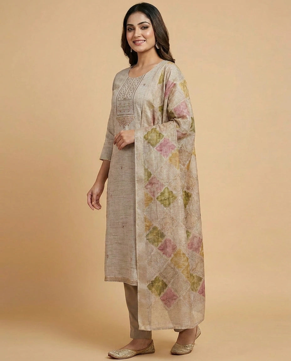 Beige Cotton Linen Straight Suit with Thread Embroidery - Rangoli India