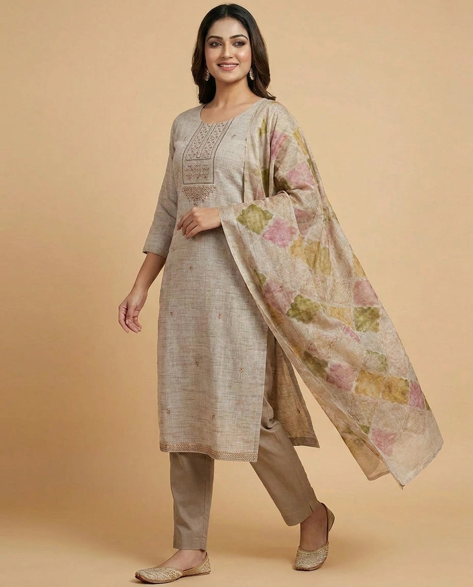 Beige Cotton Linen Straight Suit with Thread Embroidery - Rangoli India