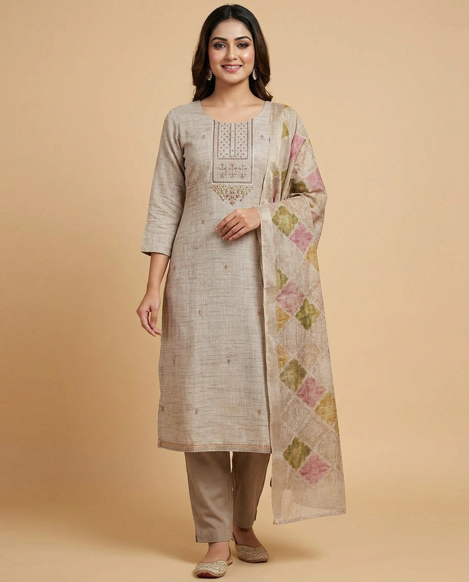 Beige Cotton Linen Straight Suit with Thread Embroidery - Rangoli India