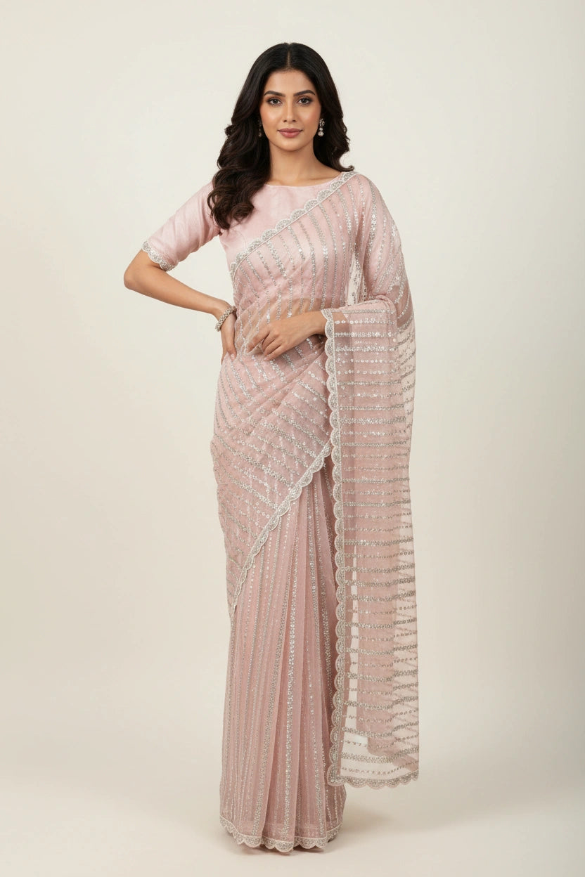 Embroidered Net Saree with Sheer Floral Statement Design | Rangoli
