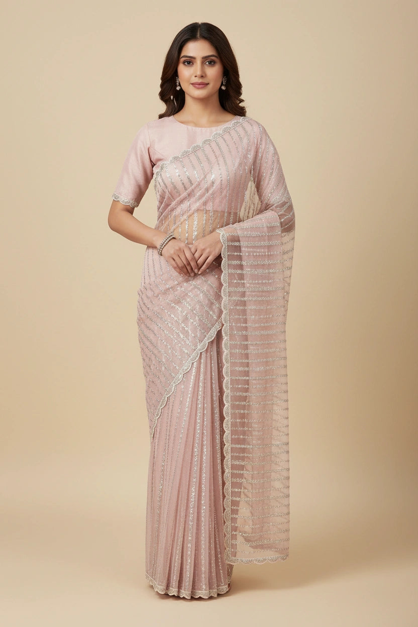 Embroidered Net Saree with Sheer Floral Statement Design - View 2 | Rangoli