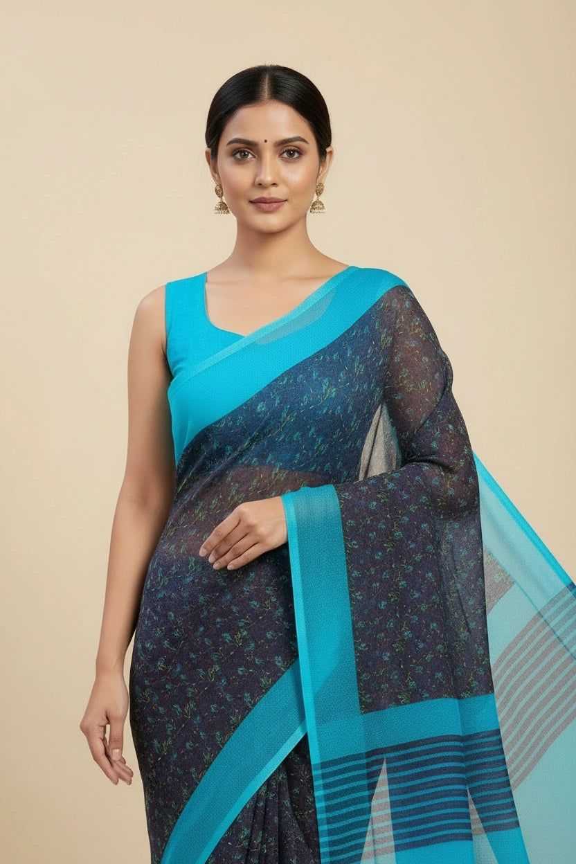Everyday Lightweight Chiffon Printed Saree - mesh; polyester Indian ethnic wear by Rangoli