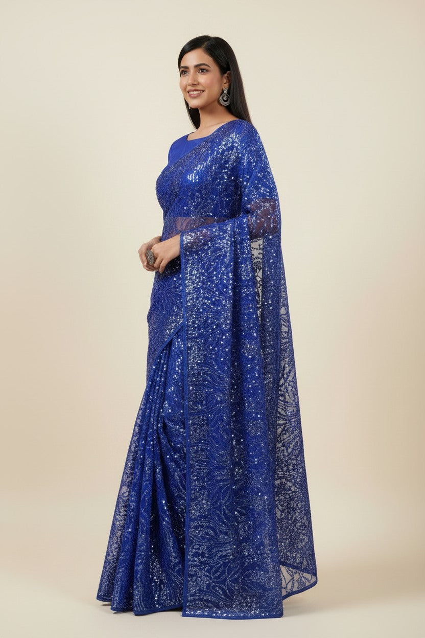 Designer Embroidered Net Embroidered Saree - Beige | Rangoli
