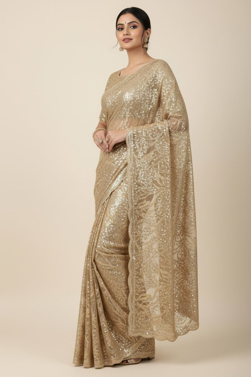 Designer Embroidered Net Embroidered Saree - Royal Blue | Rangoli