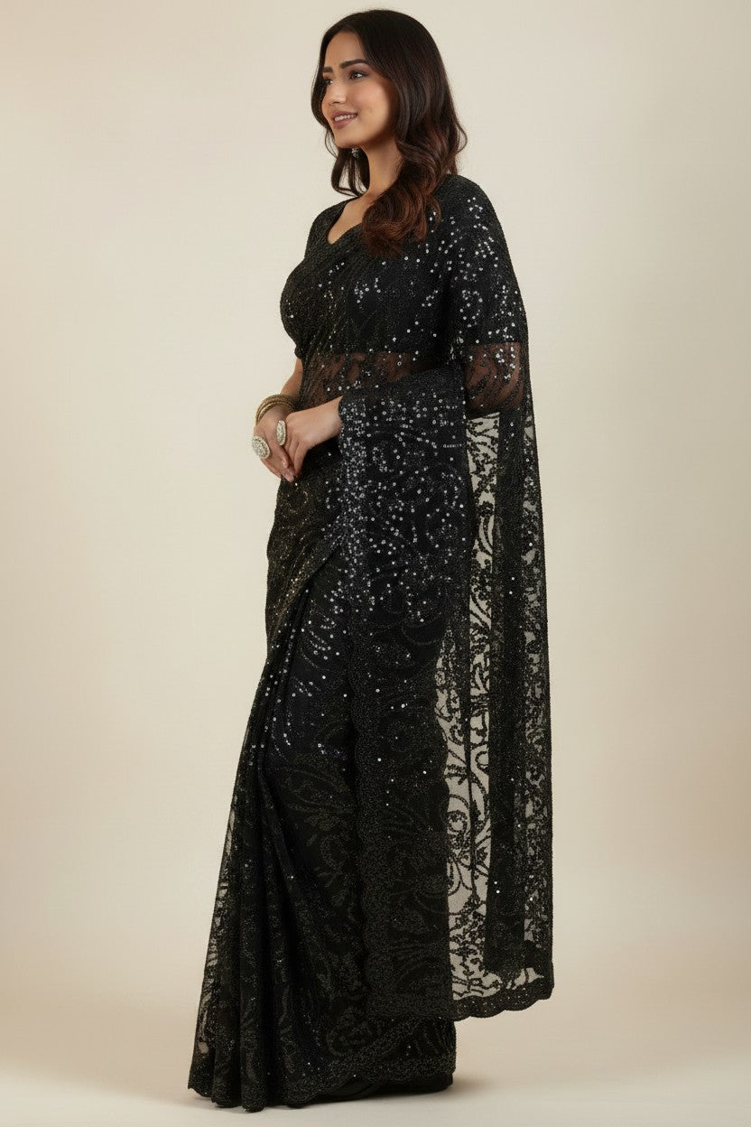 Designer Embroidered Net Embroidered Saree - Black | Rangoli