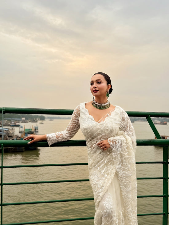 White Floral Lace Saree - Rangoli India