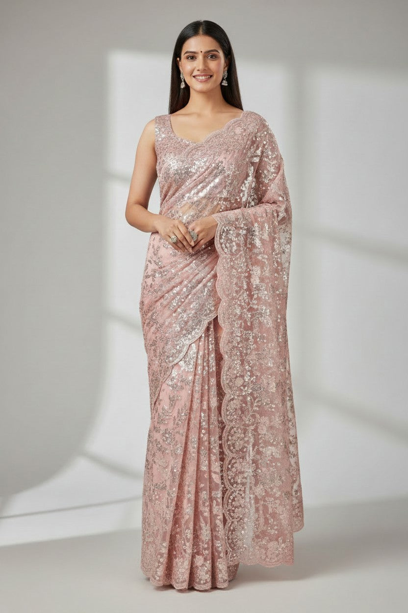 Premium Embroidered Saree with Designer Blouse - White | Rangoli