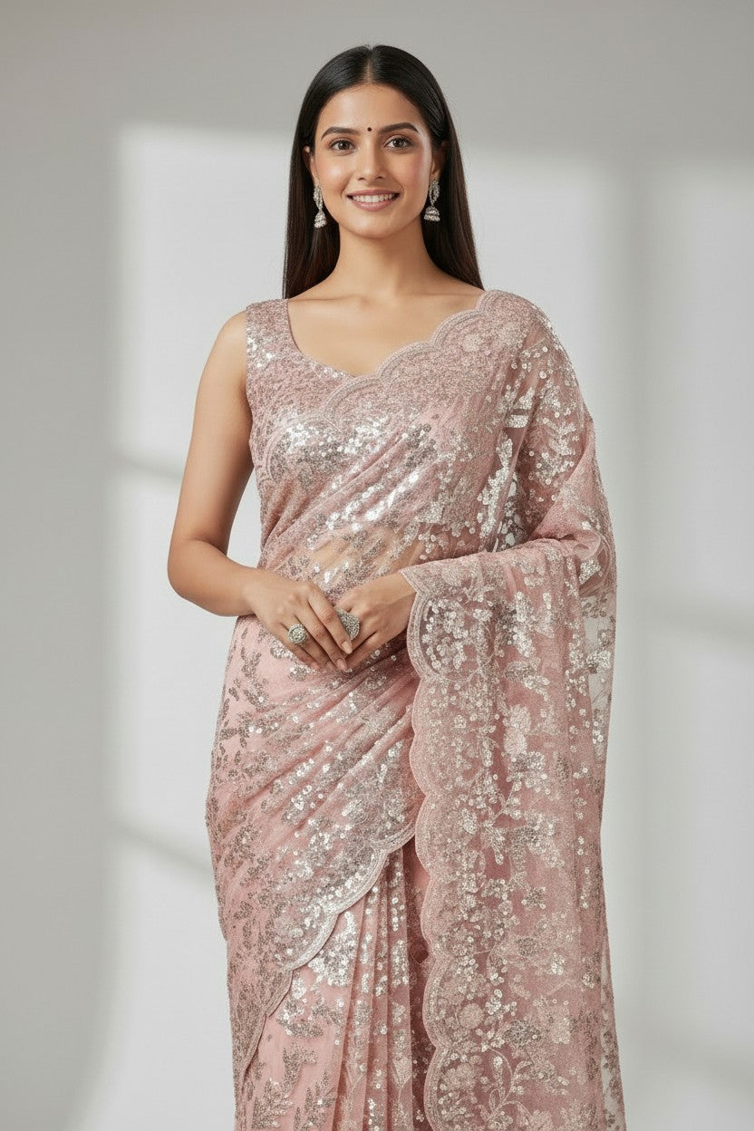 Premium Embroidered Saree with Designer Blouse - Pink | Rangoli