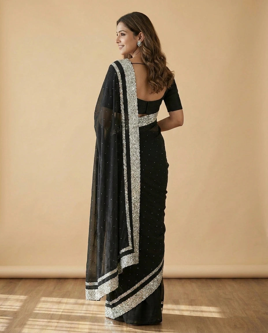 Black Organza Satin Saree with Hand-Embellished Pallu and Border - Rangoli India
