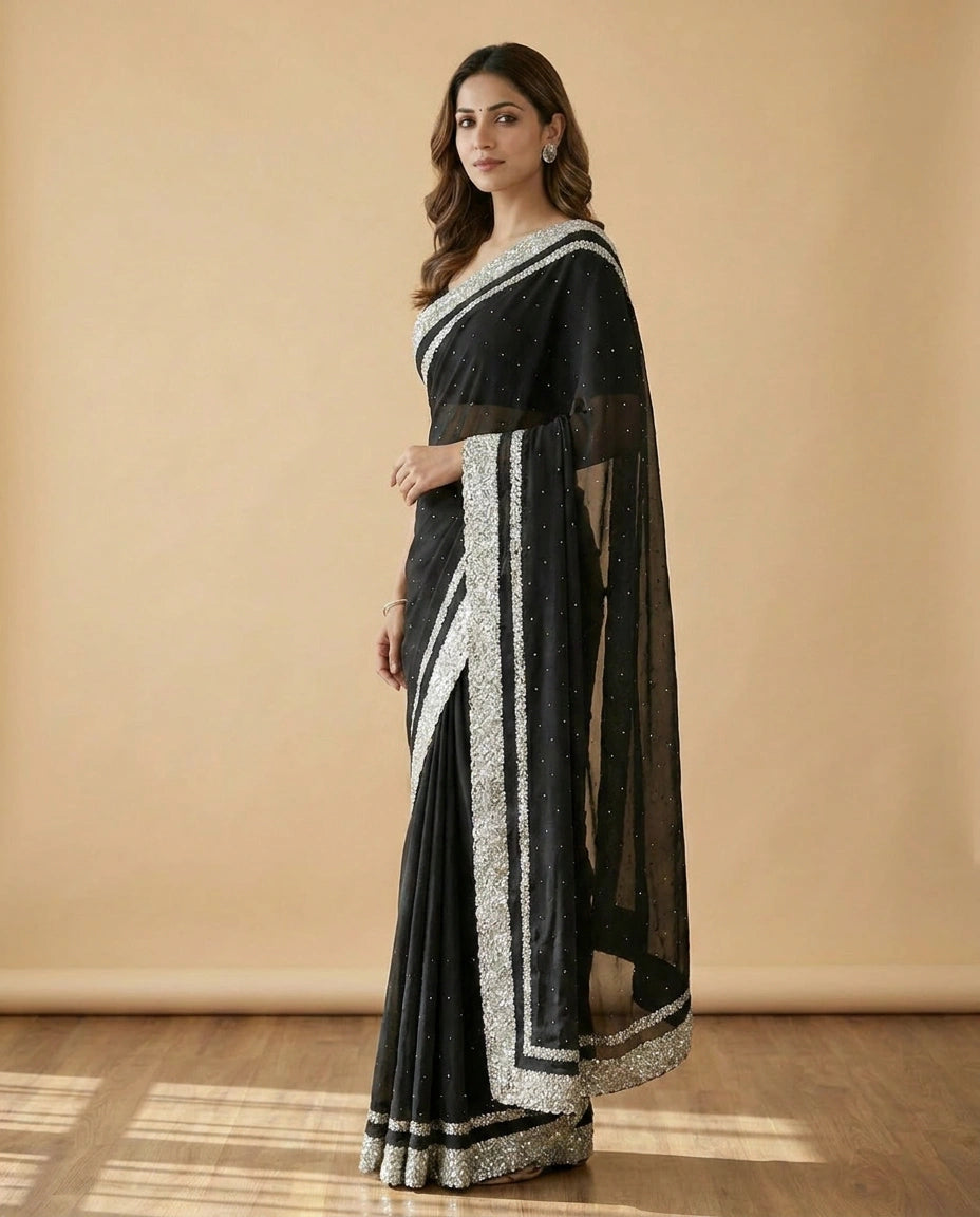 Black Organza Satin Saree with Hand-Embellished Pallu and Border - Rangoli India