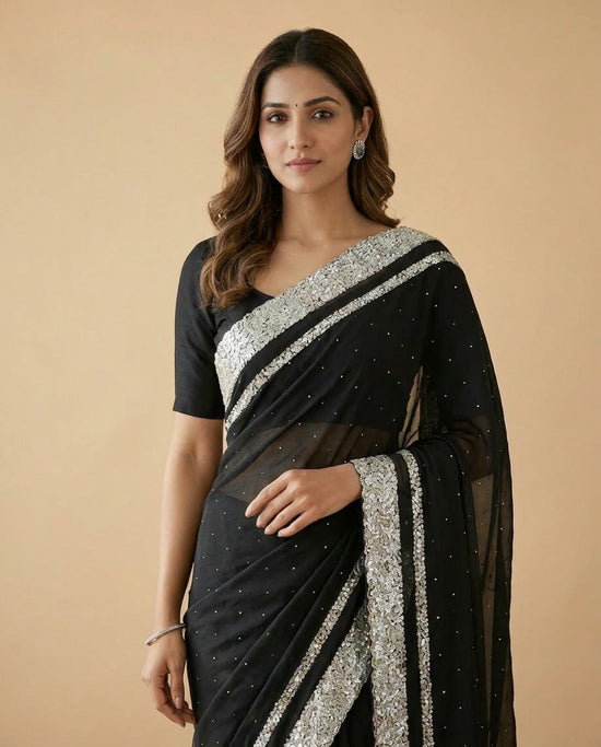 Black Organza Satin Saree with Hand-Embellished Pallu and Border - Rangoli India