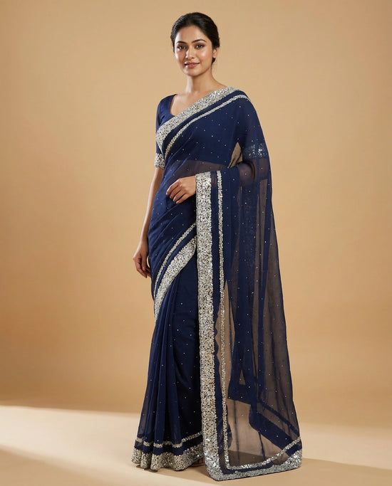 Black Organza Satin Saree with Hand-Embellished Pallu and Border - Rangoli India