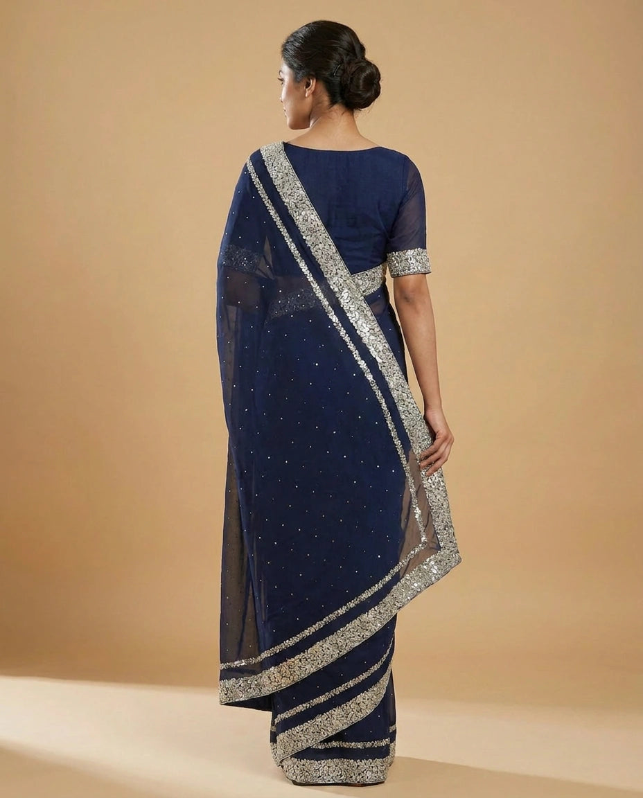 Black Organza Satin Saree with Hand-Embellished Pallu and Border - Rangoli India