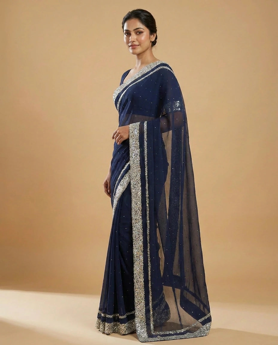 Black Organza Satin Saree with Hand-Embellished Pallu and Border - Rangoli India