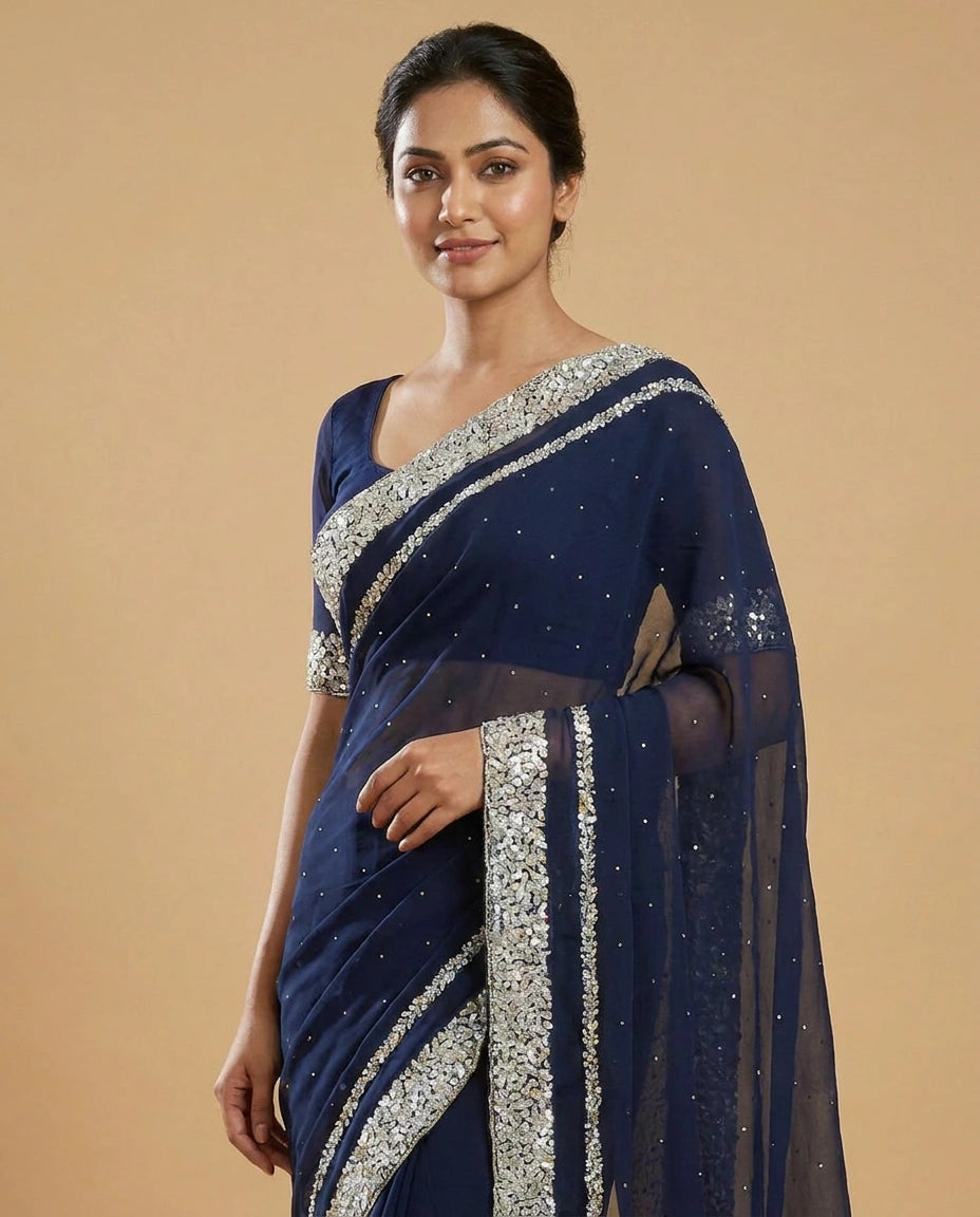 Black Organza Satin Saree with Hand-Embellished Pallu and Border - Rangoli India