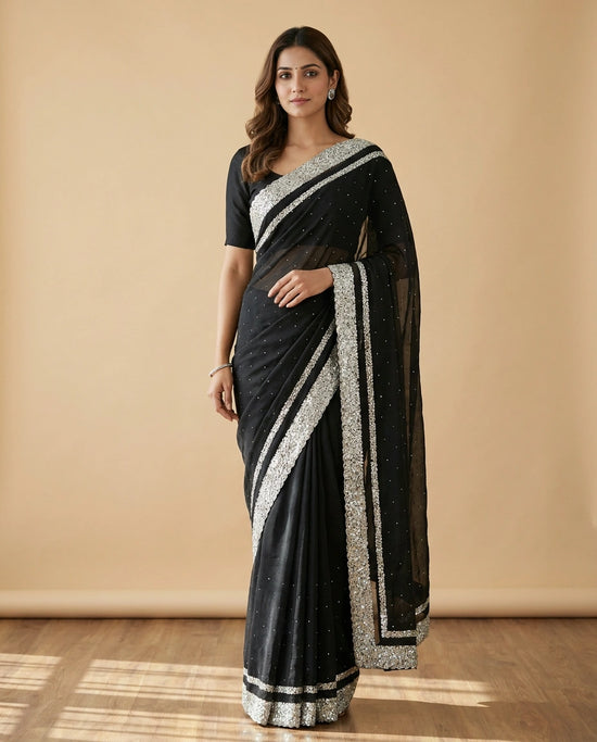 Black Organza Satin Saree with Hand-Embellished Pallu and Border - Rangoli India