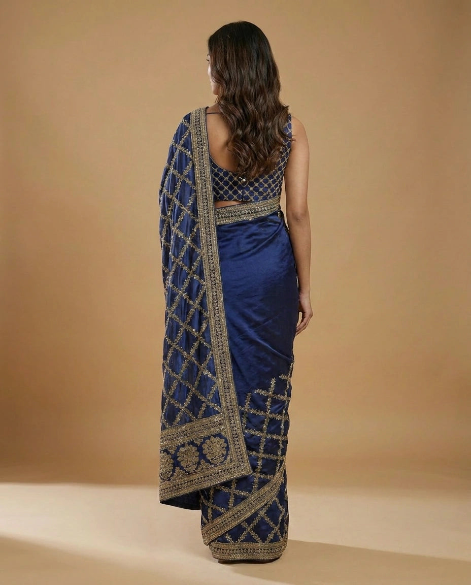 Wrinkle Satin Saree with Hand-Embroidered Floral Motif Work view 2