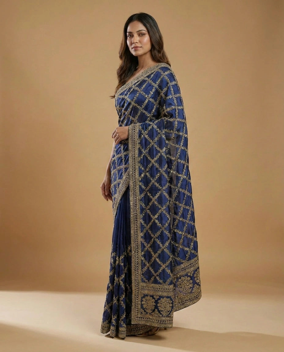 Wrinkle Satin Saree with Hand-Embroidered Floral Motif Work view 3