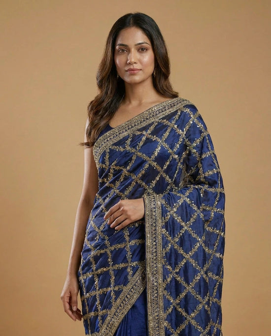 Wrinkle Satin Saree with Hand-Embroidered Floral Motif Work view 4