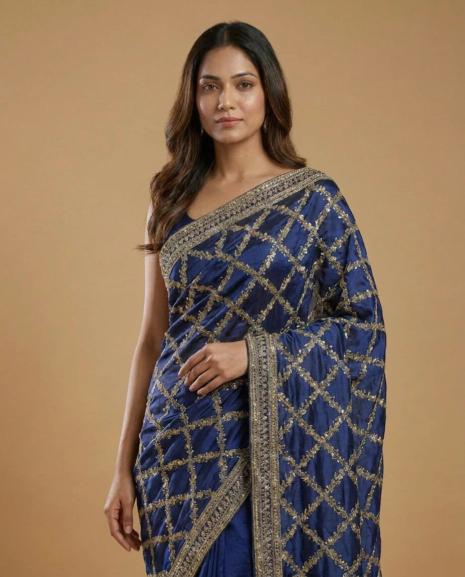 Wrinkle Satin Saree with Hand-Embroidered Floral Motif Work view 4