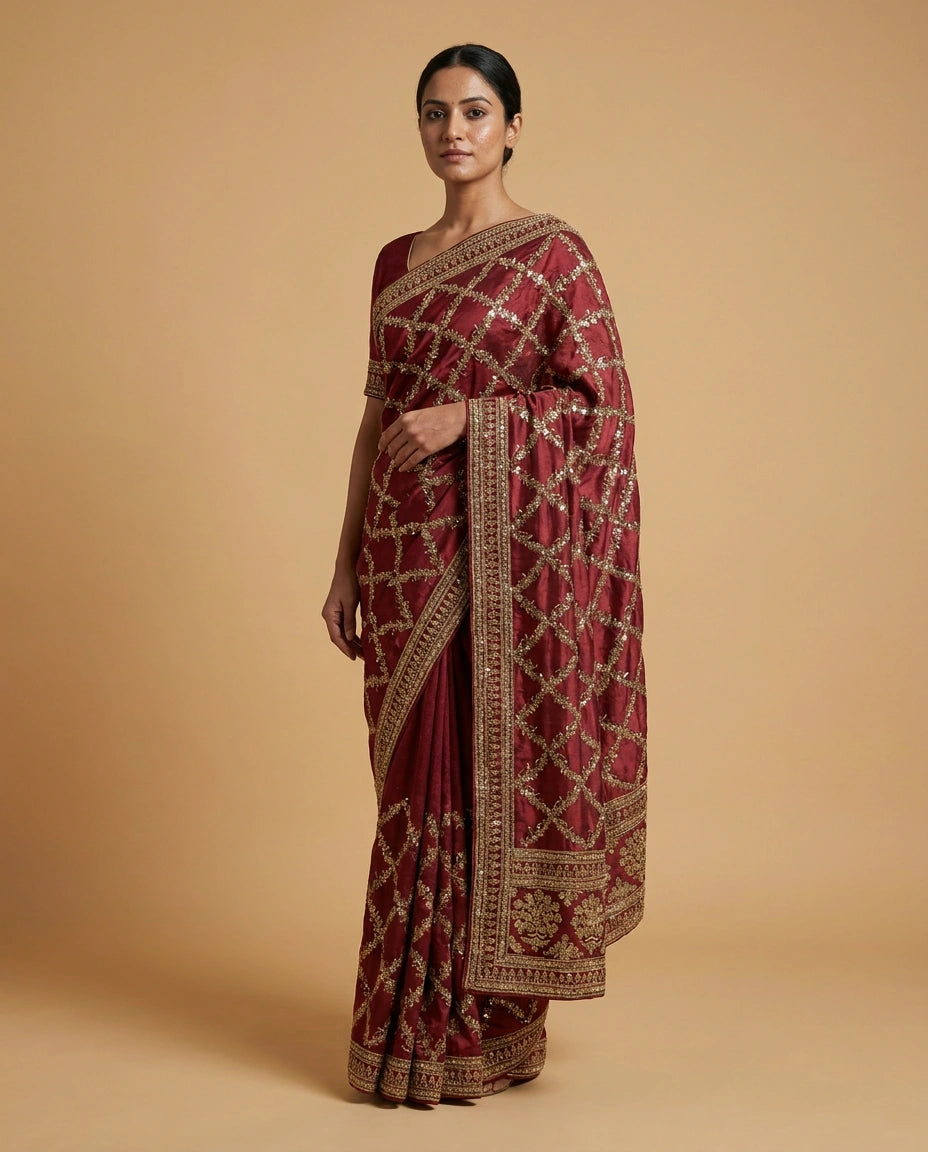 Wrinkle Satin Saree with Hand-Embroidered Floral Motif Work view 5