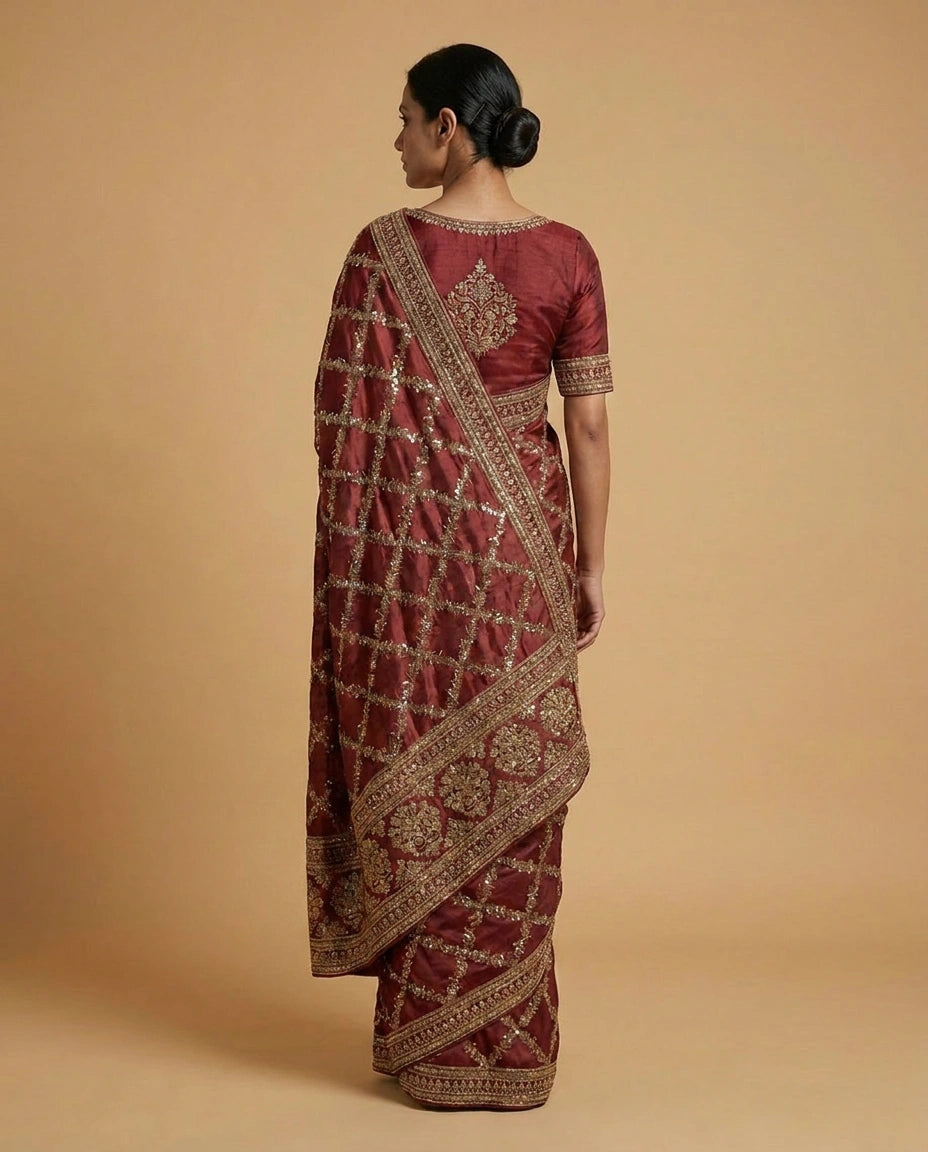 Wrinkle Satin Saree with Hand-Embroidered Floral Motif Work view 6