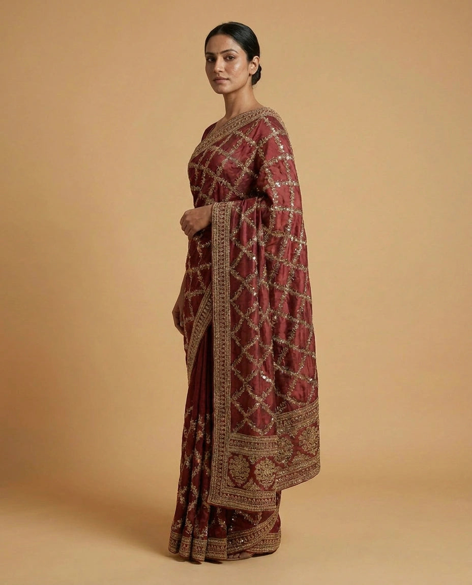 Wrinkle Satin Saree with Hand-Embroidered Floral Motif Work view 7