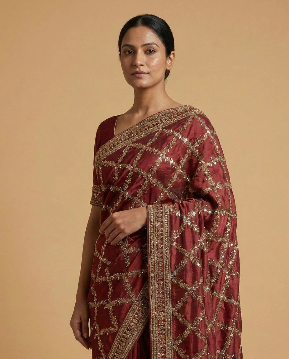 Wrinkle Satin Saree with Hand-Embroidered Floral Motif Work view 8